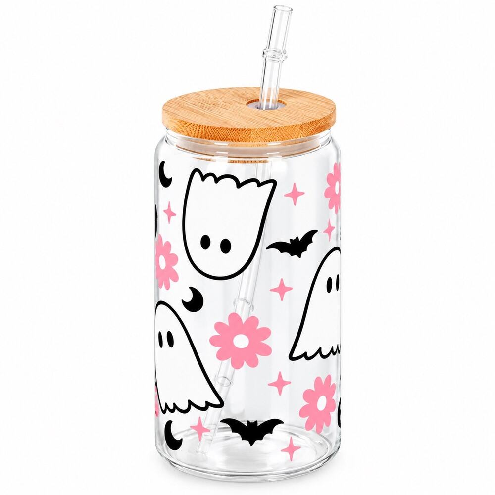 Pink Ghost Floral Halloween 16oz Plastic Tumbler with Lid & Straw NIB